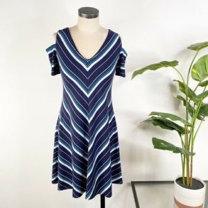 Navy Blue Striped Cold Shoulder Dress